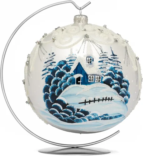 Miniatura 37 de Adorno navideño de capilla azul con soporte, bola de vidrio soplado polaco pintada a mano, bola extra grande de 8 pulgadas/200mm, adorno de fe eterna