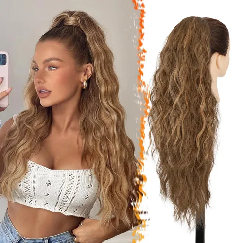 Miniatura 14 de BARSDAR Extensión de cola de caballo rojo burdeos, extensiones de cabello ondulado con cordón de 16 pulgadas para mujer, extensiones de cabello