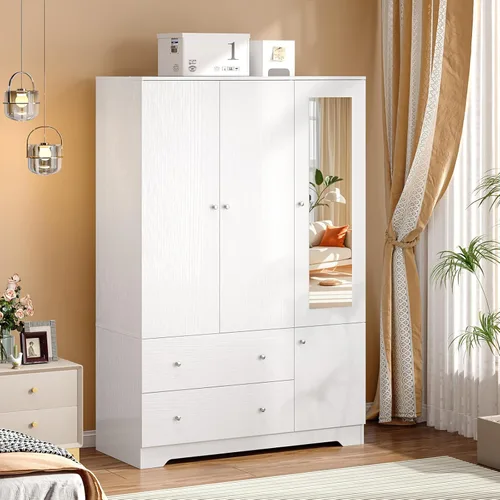 Miniatura 11 de VINGLI Armario Ropero Acanalado con Puertas y Cajones, Gabinete Armario con Barra para Colgar, Armario de Dormitorio de Madera de Roble, Armario