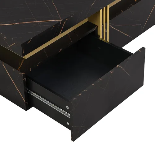 Miniatura 8 de SSLine Moderna mesa de centro cuadrada de color negro y dorado, mesa de centro de cóctel de mármol sintético de lujo con 4 cajones