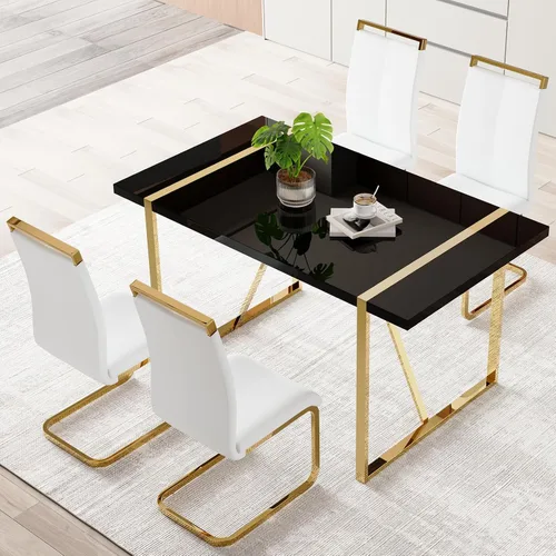 Miniatura 14 de Mesa de comedor Ebullient para 4, mesa de comedor rectangular negra de MDF, tapa de mesa de cena de mármol falso, mesa de comedor moderna con marco