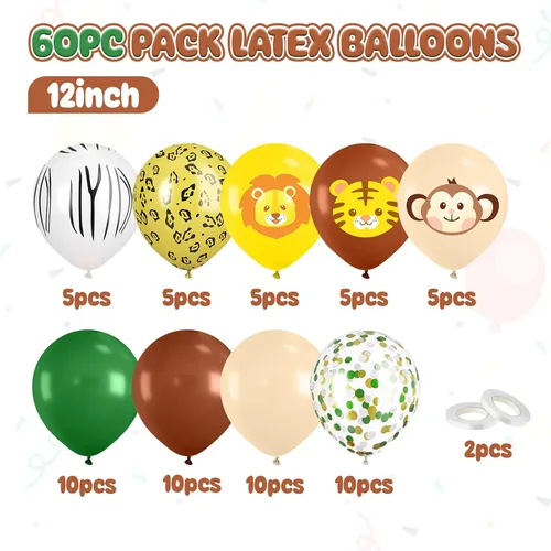 Miniatura 2 de Globos de animales, 60 globos de fiesta de 12 pulgadas, color verde y marrón crema, globos estampados de guepardo de animales para decoración