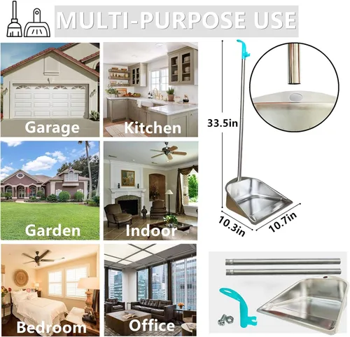Miniatura 6 de Sartén de polvo de mango largo – 33.5 pulgadas de acero inoxidable para interiores y exteriores, recogedor resistente para el hogar con mango largo