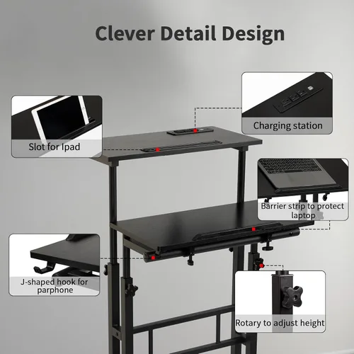 Miniatura 9 de Hadulcet Escritorio móvil de pie con estación de carga, escritorio ajustable para computadora de pie, carrito ajustable para laptop con ruedas