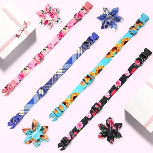 Miniatura 5 de Collar de perro floral para niñas en color rosa con moño de flores de rosa para gatos y perros hembras lindos - Tamaños de pequeño a grande