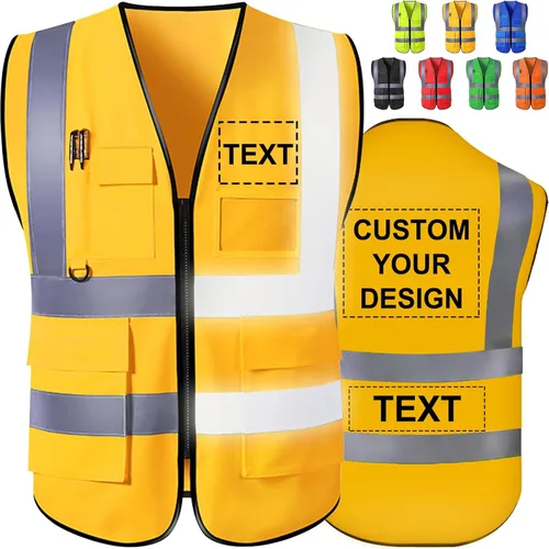 Miniatura 8 de Chaleco de seguridad personalizado de alta visibilidad, reflectante, con logotipo, bolsillo para fotos, cremallera, personalizable, clase 2