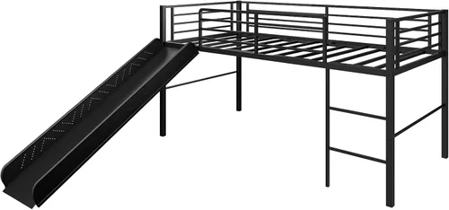 Miniatura 8 de Giantex Cama alta individual con tobogán, litera baja de metal con barandillas de seguridad y escalera integrada, marco de suelo de cama infantil