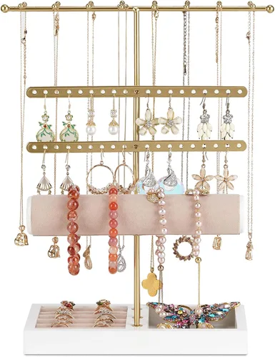 Miniatura 8 de JAZUIHA Organizador de joyas de 4 niveles dorado con organizador de collares, aretes, pulsera, caja de anillo, colgador para exhibición