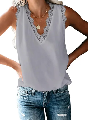 Miniatura 202 de VIISHOW - Camiseta sin mangas, sexy, con cuello en V y bordes de encaje para mujer, camisola de vestir, camisas de gasa, sin mangas, casuales
