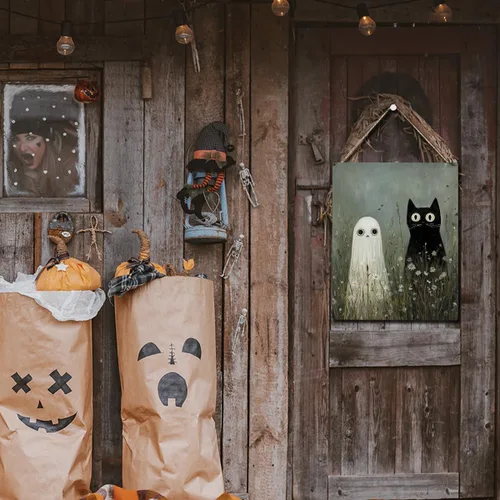 Miniatura 3 de Bonita decoración de Halloween, letrero de puerta de fantasma y gato negro, letrero colgante de madera para interiores, granja, hogar, baño