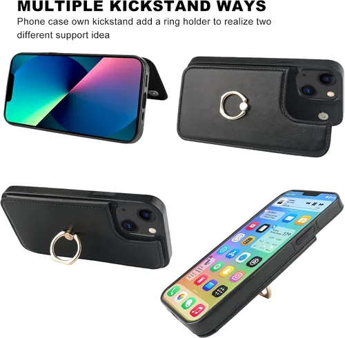 Miniatura 5 de ONETOP Funda tipo cartera para iPhone 13 con soporte para tarjetas, anillo de rotación de 360°, bloqueo RFID, doble cierre magnético, a prueba