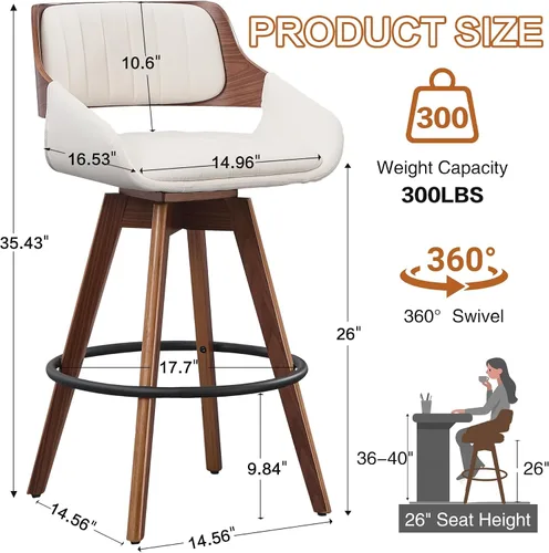 Miniatura 2 de VipDesk Juego de 2 taburetes de bar giratorios, taburetes de bar de altura de mostrador de nogal con respaldo y brazos, sillas de bar tapizadas