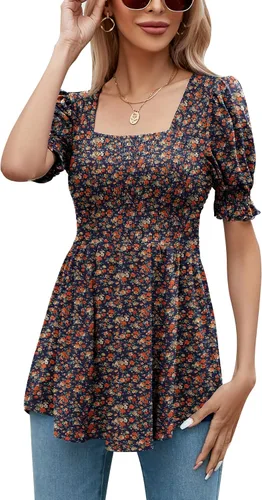 LOMON Túnicas de mujer con cuello cuadrado, manga corta abombada, blusa peplum para mujer, camisetas 2024 primavera verano S-XL