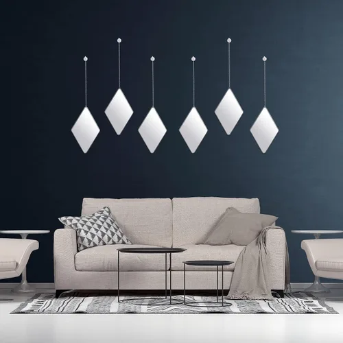 Miniatura 8 de Juego de 6 espejos de decoración de pared con 2 destornilladores, espejo de pared colgante de diamante con cadena y marco plateado, espejo de cadena