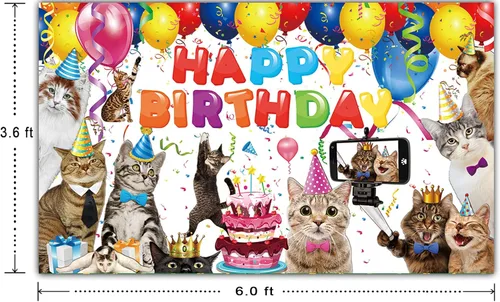 Miniatura 2 de Cartel de fondo de feliz cumpleaños de gato de 6 x 3.6 pies, decoración de suministros de fiesta de gatitos, telón de fondo con temática de patas