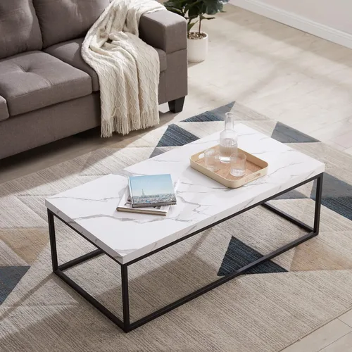 CENSI Mesa de centro otomana de mármol blanco de 47 pulgadas para sala de estar, rectangular estilo industrial moderno, madera y metal (mármol)