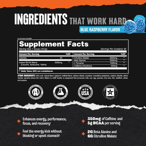 Miniatura 3 de Animal Fury - Suplemento en polvo antes del entrenamiento para energía y concentración, 0.18 onzas de BCAA y 350 mg de óxido nítrico de cafeína sin