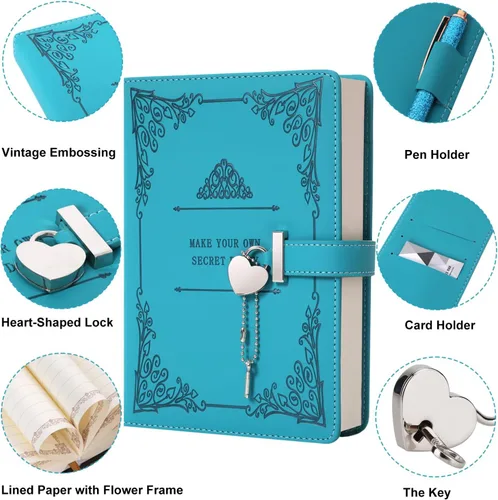 Miniatura 2 de Diario con candado en forma de corazón con bolígrafo, tamaño A5, cuero sintético PU suave, diario con cerradura, planificador personal, cuaderno