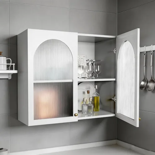 Armario de pared para baño sobre el inodoro, soporte de pared arqueado, botiquín de baño con 2 puertas acrílicas, estante de almacenamiento abierto