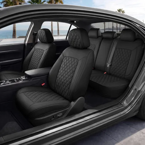 Miniatura 16 de MotorBox Haven Series - Fundas de asiento de piel de napa, para automóviles, edición Lux, fundas de asiento delantero con costuras de diamante