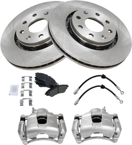 Miniatura 3 de TRQ Kit de pastillas de freno delantero y rotor, pinza de freno, manguera de freno, pastillas de freno, rotor de freno semimetálico, compatible
