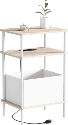 Miniatura 12 de Mesa auxiliar pequeña con estación de carga, mesa auxiliar para espacios pequeños, mesita de noche delgada con tomacorriente, sofá junto a la mesa