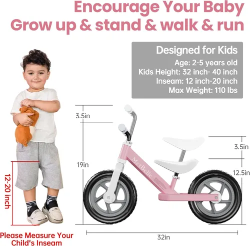 Miniatura 2 de MetBelle Toddler Balance Bike 1-3 Year Old,12" No Pedal Kids Indoor Outdoor Toy Bike 2-5 Years Old with Tool-Free Adjustments Seat, Lightweight