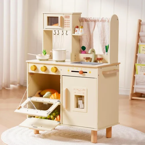 ROBOTIME Juego de cocina de madera para niños, cocina de simulación para niños pequeños con microondas, fregadero, estufa y máquina de hielo, juego