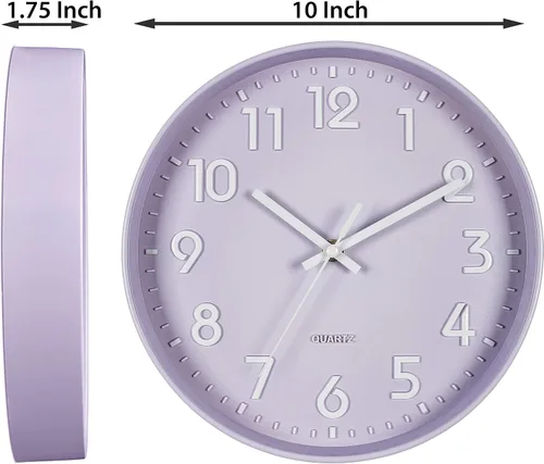Miniatura 6 de Bernhard Products Reloj de pared morado de 10 pulgadas, silencioso, sin tictac, cuarzo de calidad, números 3D, funciona con pilas, reloj redondo