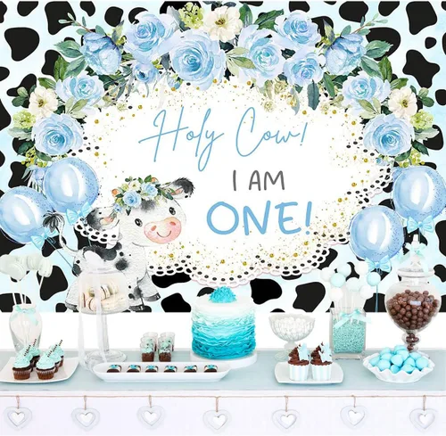 Miniatura 2 de Mocsicka Fondo de vaca Holy Cow I'm One, decoración de fondo para fiesta de primer cumpleaños con temática de vaca floral, cartel para fiesta