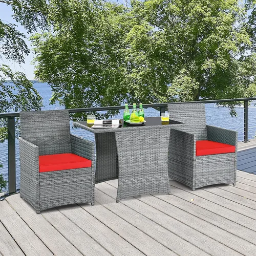 Miniatura 2 de Tangkula Patiojoy - Juego de comedor de 3 piezas de ratán PE que ahorra espacio, con mesa superior de vidrio templado y sillas acolchadas, juego