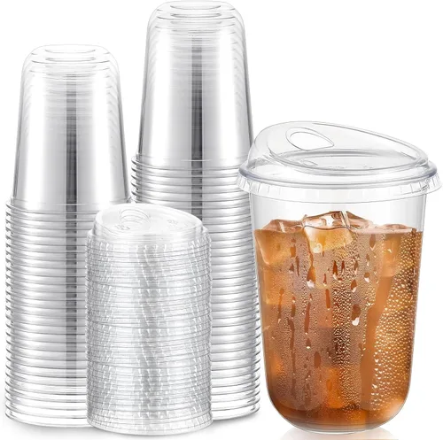 Miniatura 7 de Baderke 100 Vasos de Plástico con Tapas para Sorber Fondo Redondo Vasos de Café de Plástico Desechables con Tapas Tazas de Cristal Transparentes sin