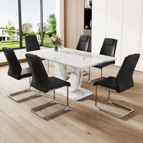 Miniatura 2 de JUFU Juego de mesa de comedor de 7 piezas para 6, mesa de cocina de mármol sintético blanco de 63 pulgadas con 6 sillas voladizas tapizadas, juego