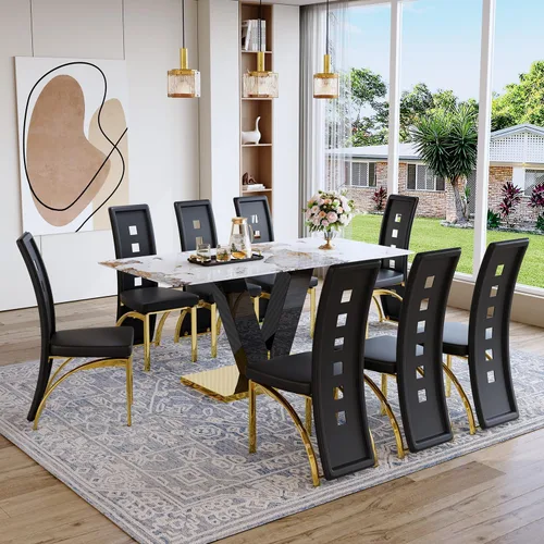 Miniatura 20 de Juego de mesa de comedor de 71 pulgadas para 6, moderno juego de mesa de comedor para 6, mesa de comedor de mármol con 6 sillas de comedor de piel