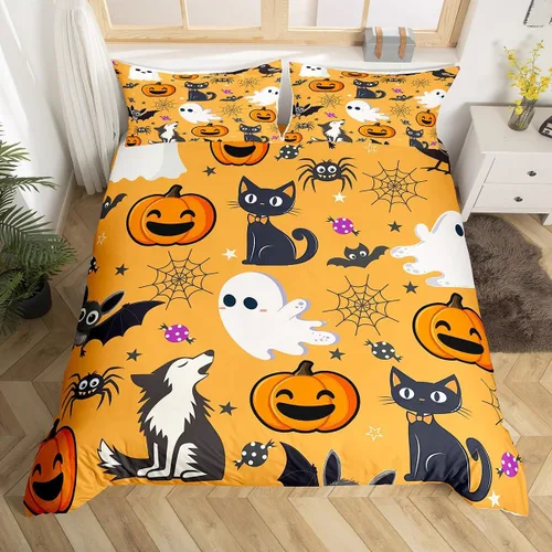 Miniatura 19 de Juego de ropa de cama de Halloween, funda de edredón gótica de murciélagos negros con telarañas, funda de edredón individual, diseño de arañas