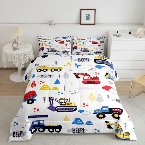 Miniatura 17 de Juego de edredón de camión de construcción para niños, tamaño individual, juego de ropa de cama de automóviles de dibujos animados para niños