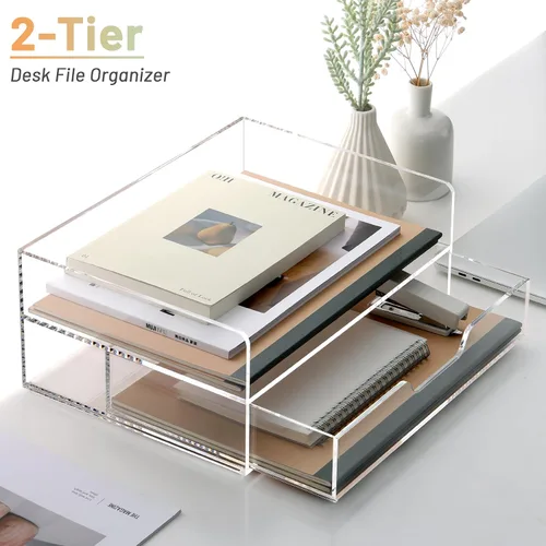 Miniatura 5 de SANRUI Organizador de Bandeja de Cartas de 2 Niveles con Cajón Deslizante, Organizador de Escritorio Apilable, Bandeja de Papel de Acrílico