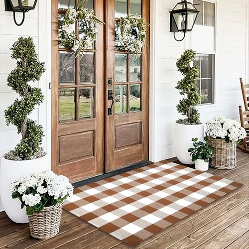 Miniatura 8 de Homydecor - Alfombras de lana a cuadros de búfalo para exteriores de 28'' x 43'', alfombra de área a cuadros café y blanco, alfombra para superponer