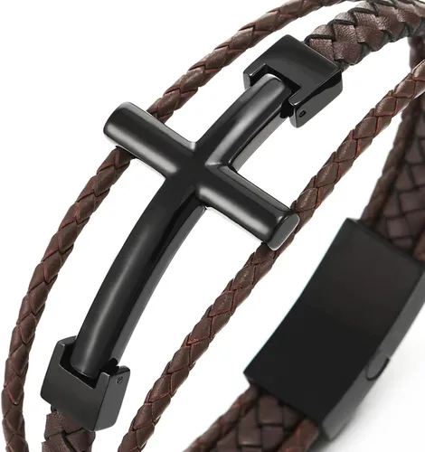 Miniatura 3 de COOLSTEELANDBEYOND Men Stainless Steel Horizontal Sideway Lateral Cross Three-Row Braided Leather Bangle Bracelet