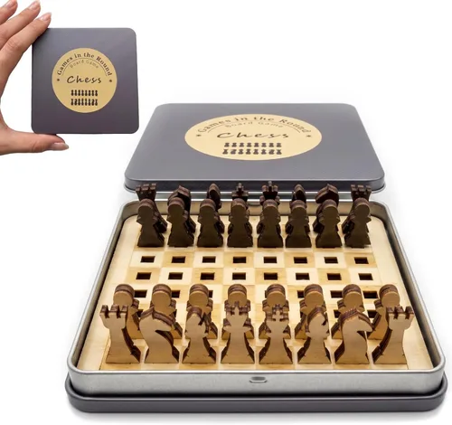 Mini juego de ajedrez de viaje, cuadrado mediano | Tablero de ajedrez portátil de madera de 4 pulgadas, lata de almacenamiento de metal, ligero,