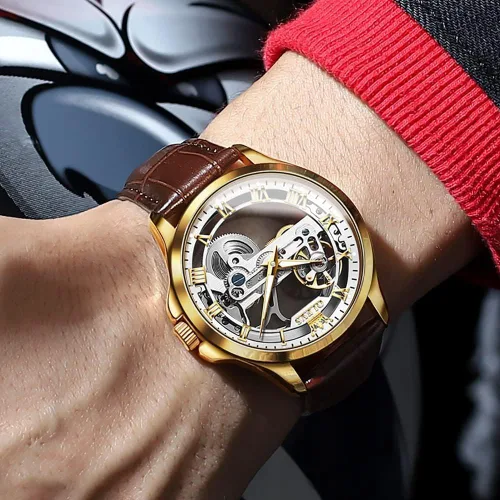 Miniatura 22 de OLEVS Relojes de esqueleto para hombre, automático, mecánico, de lujo, de cuero, impermeable, luminoso, reloj de pulsera para hombre