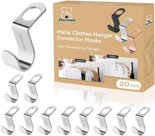 ZEDODIER Ganchos de metal para colgar ropa, paquete de 20 ganchos extensores súper resistentes, ahorro de espacio en el armario, fácil de usar, Plata