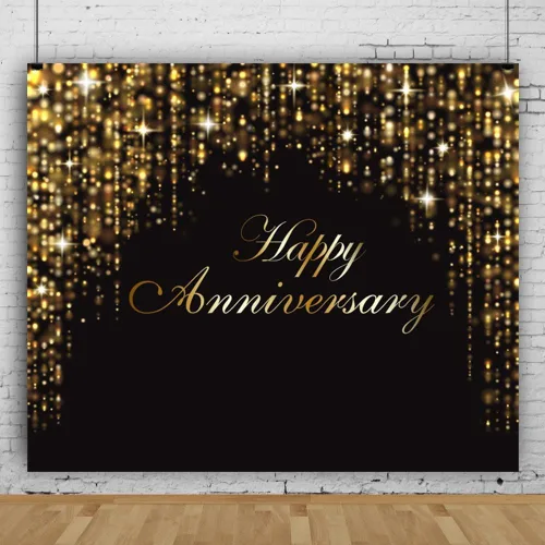 Miniatura 3 de Telón de fondo de feliz aniversario de 10 x 8 pies con purpurina negra y dorada para aniversario, letrero de aniversario para mujeres y hombres
