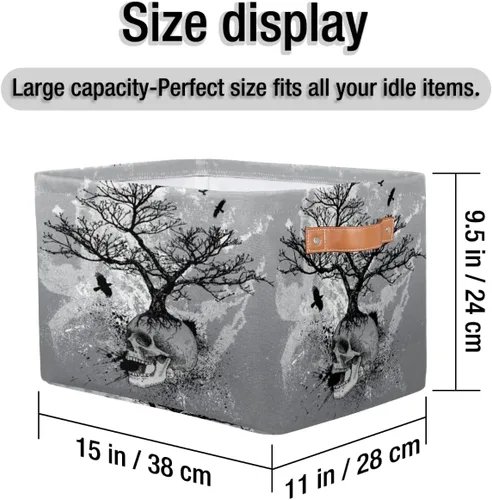 Miniatura 6 de Cesta de almacenamiento de calavera de Halloween, contenedor de almacenamiento plegable de cuervo de árbol de acuarela con asa de tela, caja