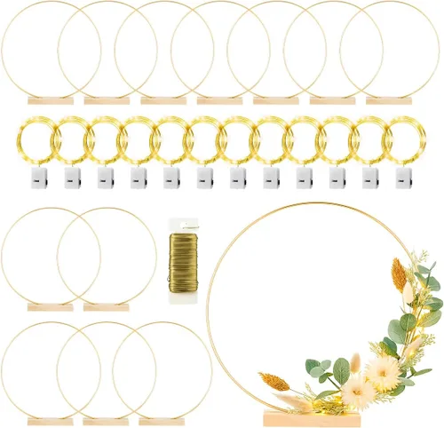 Paquete de 12 aros florales con soporte y luces LED de 14 pulgadas, anillos de metal para centros de mesa, decoración de mesa, manualidades, anillos