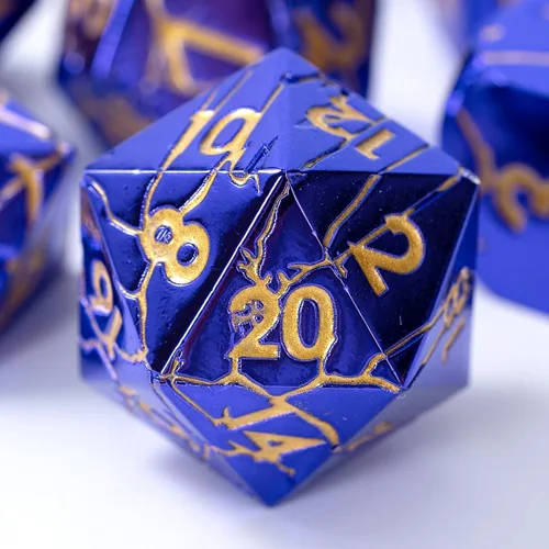 Miniatura 15 de Dados de metal para DND – Ruinas de faraón oro oscuro con grietas moradas – Juego de dados poliédricos para D&D, RPG y más – Bellamente detallados