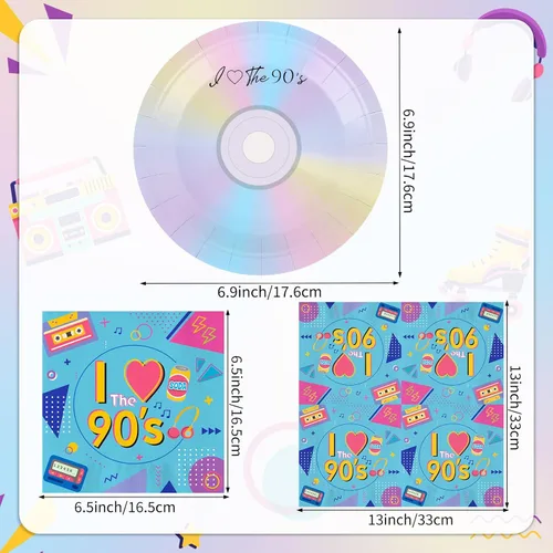 Miniatura 3 de 50 platos y servilletas de papel de fiesta de los 90 para platos de postre de los 90, decoración temática de los años 90, juego de vajilla