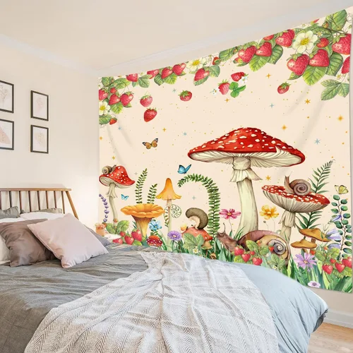 Miniatura 4 de HVEST Tapiz retro rojo de hongos para colgar en la pared, diseño floral rosa con fresa y mariposa en beige, tapiz para dormitorio, flores, plantas