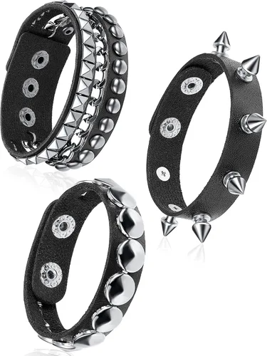 Miniatura 8 de Hicarer 3 piezas de pulsera de cuero punk de Halloween para hombres y mujeres, pulsera gótica de rock de los 80, brazalete unisex para fiesta