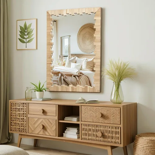 Miniatura 5 de AMOISE Espejo de pared bohemio con marco de madera, 30 x 20 pulgadas, imitación ratán espejo de tocador decorativo para baño, sala de estar